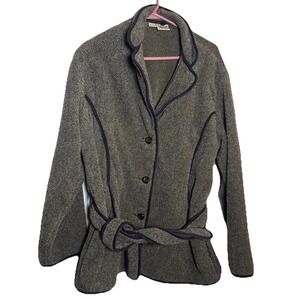 Vintage Woolrich Women's Gray Herringbone Belted‎ Fleece Jacket L Made USA